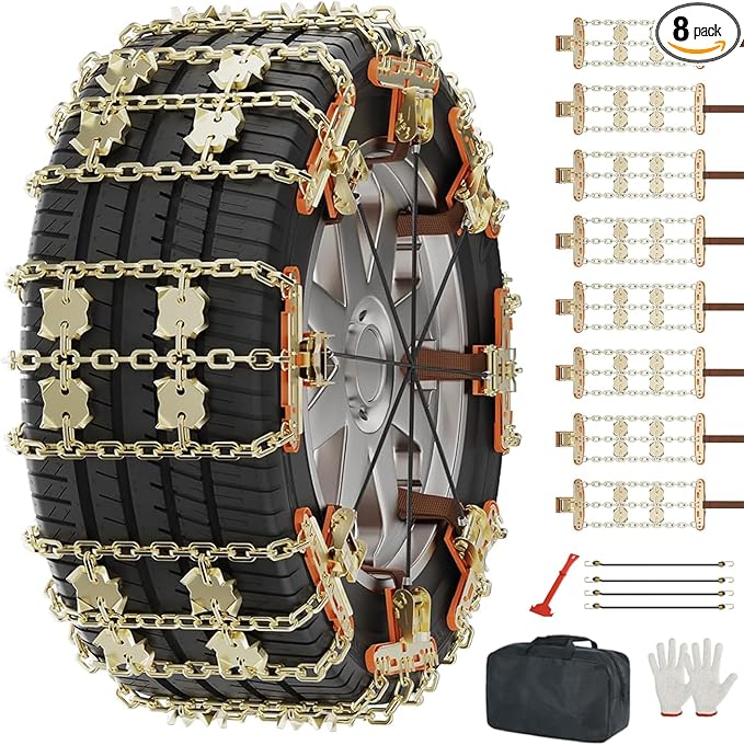 LILYPELLE Upgraded Snow Chains 8 Pack, Tire Chains for Cars/SUVs/Pickup Trucks, Emergency Anti Slip Tire Traction Chains for 