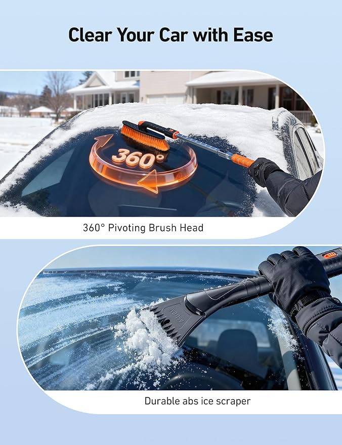 AstroAI 47.2" Ice Scrapers for Car Windshieldand Extendable Snow Brush with Foam Grip and 360° Pivoting Brush Head for Christmas Car Auto Truck SUV(Orange)