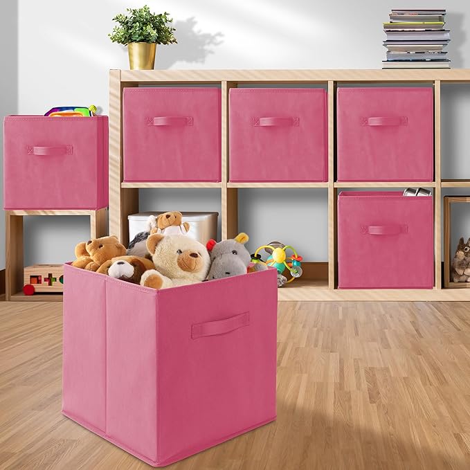 Casafield Set of 6 Collapsible Fabric Cube Storage Bins, Hot Pink - 13" Foldable Cloth Baskets for Shelves, Cubby Organizers 