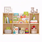 Kids Bookshelf & Toy Storage Organizer, 2-Tier Horizontal Wooden Shelf with 5 Open Compartments and Front Book Display, Low H