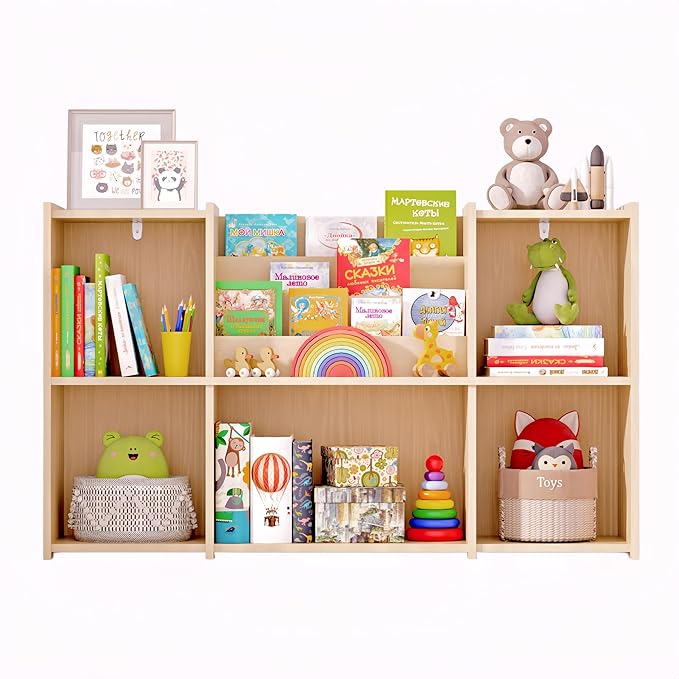 Kids Bookshelf & Toy Storage Organizer, 2-Tier Horizontal Wooden Shelf with 5 Open Compartments and Front Book Display, Low H