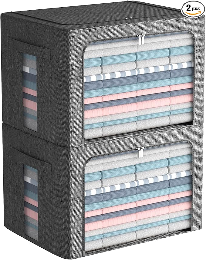 FHSQX 2 Pack Clear Window Storage Bins Large Foldable Fabric Storage Bins Boxes for Clothes Stackable Organizer Set with Carr
