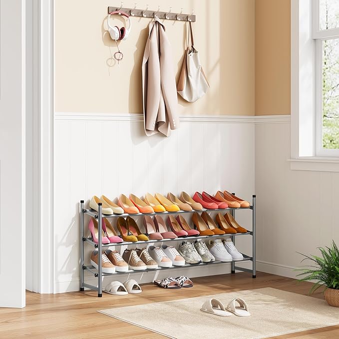 Tajsoon Expandable Shoe Rack for Closet 3 Tier, 28“-41“Adjustable & Stackable Shoe Shelf Storage, Metal Shoe Rack Organizer f