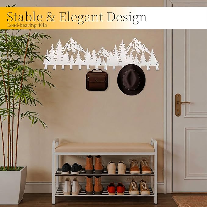 Large White Mountain Wall Mount with 14 Hooks, Decorative Forest Art Wall Hangerfor Cabin Entryway Front Door Bathroom Kitche