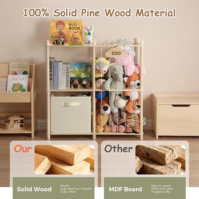 LAMU Stuffed Animal Storage and Kids Bookshelf, Wooden Toy Organizer with Large Toy Box Chest, Kids Bin Shelf Toys Box Bookca