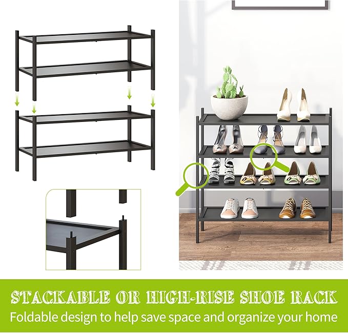 BMOSU 2-Tier Bamboo Shoe Rack Premium Stackable Shoe Shelf Storage Organizer for Hallway Closet Living Room Entryway Organize