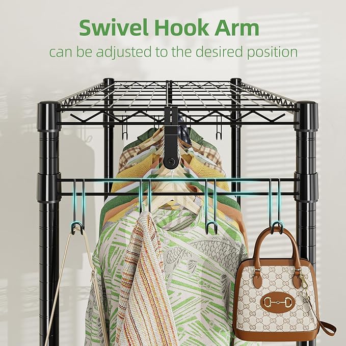 Simple Trending Heavy Duty Clothing Rack 3 Tiers Adjustable Wire Shelving Clothes Rack with Double Rods and Side Hooks, Frees