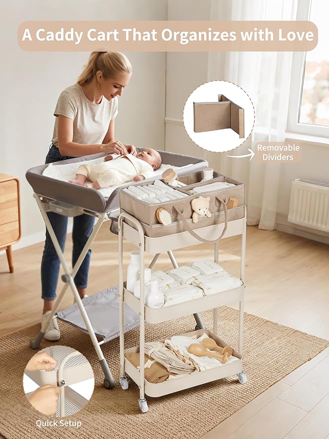 Fortella Baby Diaper Caddy, 3 Tier Rolling Storage Cart for Baby Essentials, Diaper Cart with Detachable Dividers, Storage & 