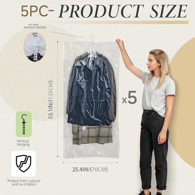 Hanging Vacuum Storage Bags,Hanging Vacuum Sealer Storage Space Saver Bags for Clothes, Suits, Coats, Dresses or Jackets, Reu