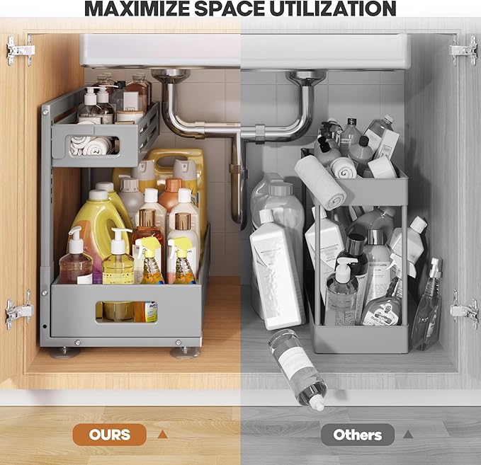 2 Pack 19IN-Depth Under Sink Organizer,Pull Out Cabinet Organizer With Smooth Cylindrical Rail,Metal Slide Out Drawer for Kit