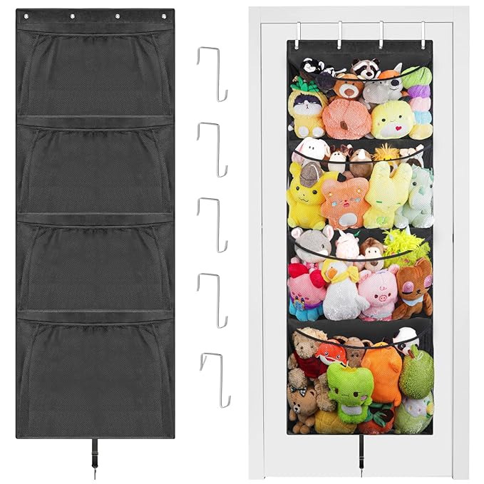 Woodoulogy Hanging Stuffed Animal Storage, Over Door Large Plush Toy Organizer with Metal Hook, Baby Accessory Holder Idea fo
