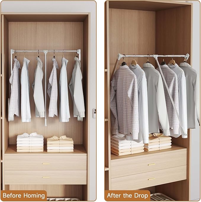 Pull Down Closet Rod White, Adjustable 33-45 inches Side Mounted Closet Rod, Two-way Buffering 60 lbs Heavy Duty Wardrobe Lif