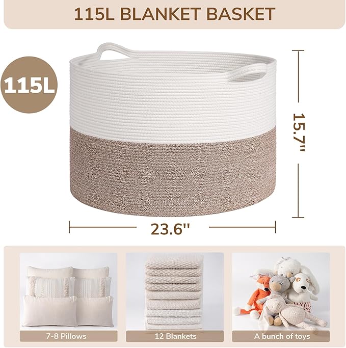 INDRESSME 115L Extra Large Blanket Basket, Soft Cotton Rope Storage Basket for Organizing, Home Decor, Toys, Laundry & Towels
