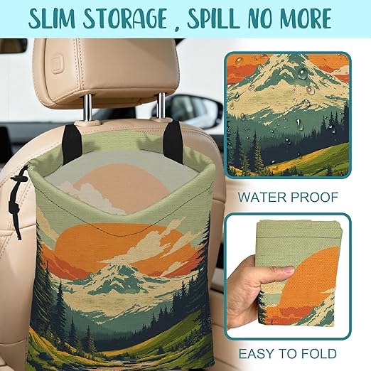 Car Garbage Bag Retro Orange Sun Mountain Hanging Canvas Car Trash Bag Drawstring Car Back Seat Organizer for Car Back Front Seat Console with Adjustable Buckle