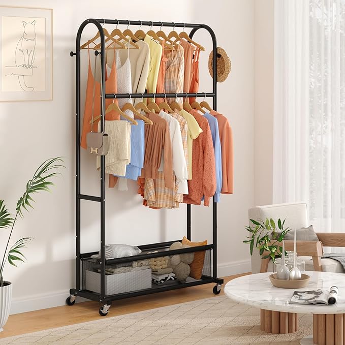 MOYIPIN Double Rods Clothing Rack with Wheels,Clothing Organizer for Hanging Clothes Coat Scarves Bags,Multi-functional Bedro