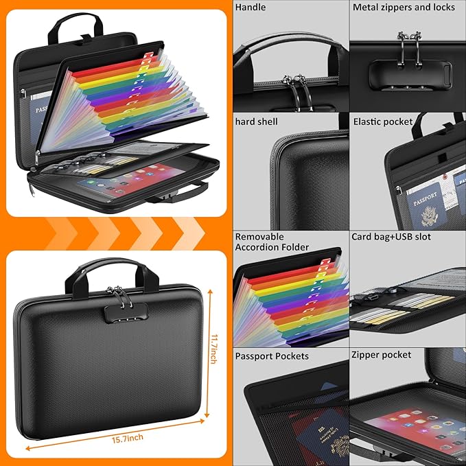 Fireproof File Organizer with Lock, Hard Case Fireproof Document Box with 13 Colorful Pockets Accordion File Folder, Importan