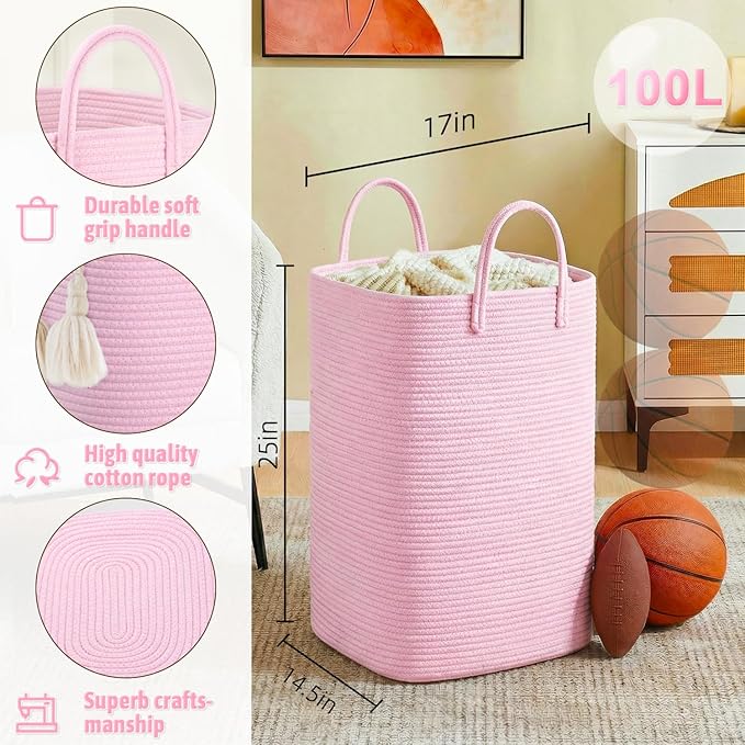 Artfeel Laundry Basket,Woven Cotton Rope Laundry Hamper,100L Versatile Storage for Dirty Clothes,Baby Toys,and Blankets in Ba