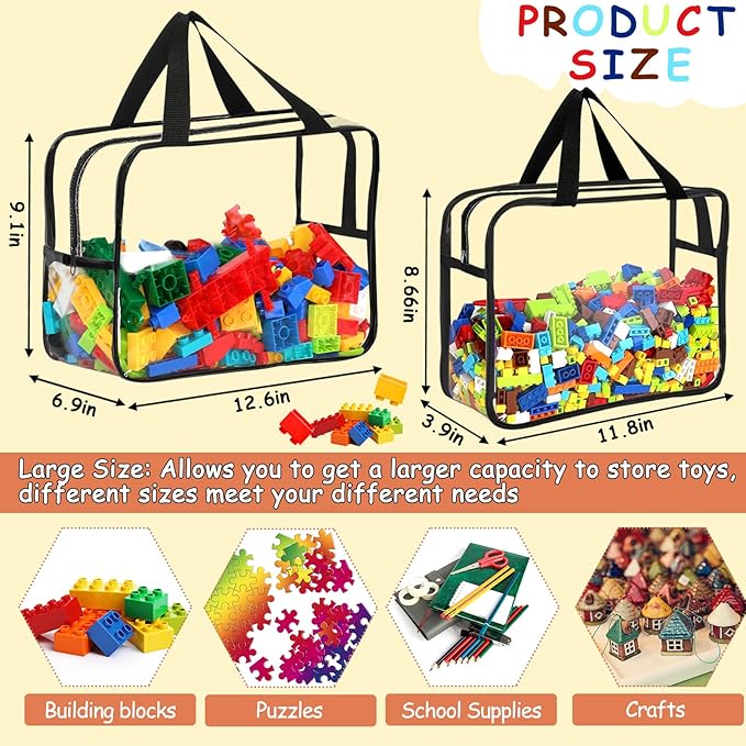 6 Packs Large Toy Storage Bags with Labels, Reusable Clear PVC Board Game Storage, Travel Waterproof Organizer Bags with Zipp