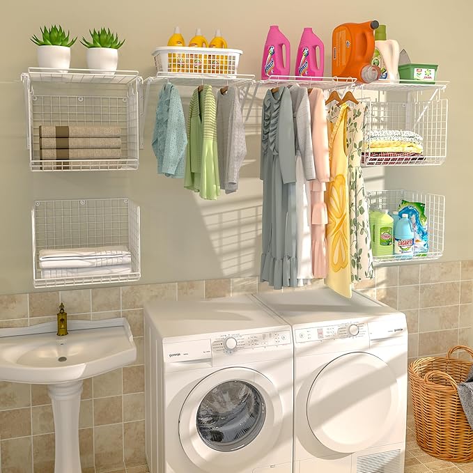 2 Pack Laundry Room Shelves Wall Mounted with Wire Baskets, Over the Washer and Dryer Shelf with Clothes Drying Rack, 8 Hooks