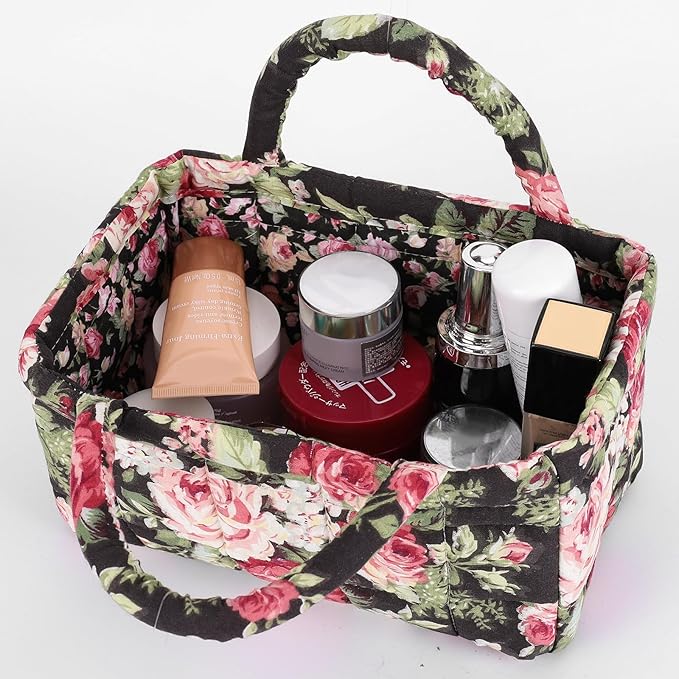 Small Storage Basket Organizer, Mini Fabric Floral Storage Baskets with Handle, Quilted Portable Collapsible Storage (L)