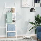 Blanket Ladder, 5-Tier Towel Holder with 4 Removable Hooks, Farmhouse Wall Leaning Decorative Rack Shelf, Wooden Towel Displa