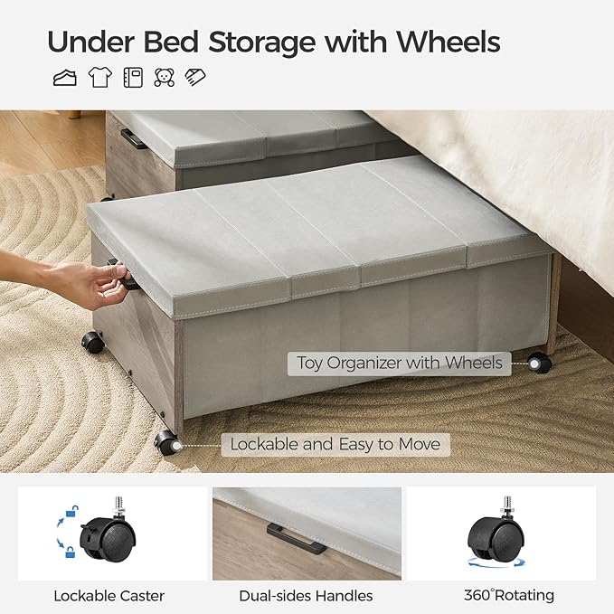 Under Bed Storage with Wheels, Bigger Size, Under Bed Drawers Heavy Duty, 2 Packs, Wooden Under Bed Storage Containers Organi