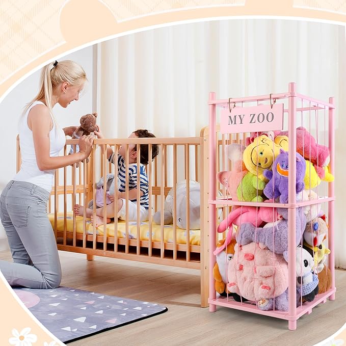 GLDZI Stuffed Animal Storage Zoo, Wooden Stuffed Animal Organizer with Elastic Cords for Boys Girls, Space Saving Toy Plushie