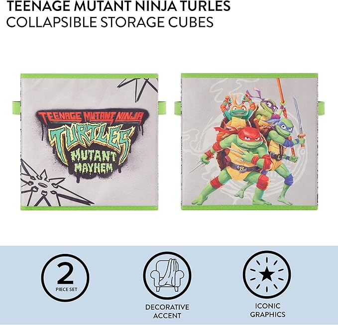Teenage Mutant Ninja Turtles: Mutant Mayhem Storage Cubes – Set of 2 Collapsible Fabric Bins, 10x10 Inch - Kids Toy Organizer