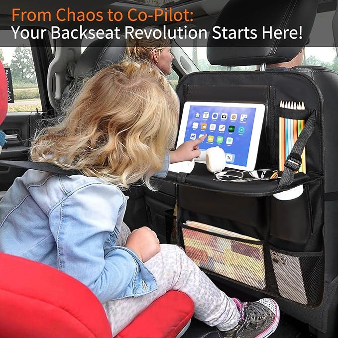 2 Pack Car Backseat Organizer with Foldable Table Tray, 12 Storage Pockets Kick Mats Protector Tablet Holder for Family Travel (Black)