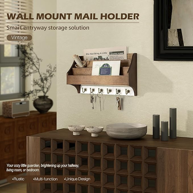 Rebee Vision Pine Wood Key Holder Wall Mount - Farmhouse 3-Tire Mail Holder with 6 Key Hooks for Home Decor- Multifunctional 