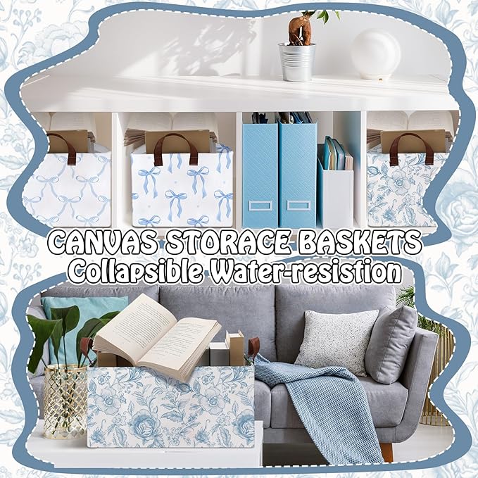Boao 3 Pcs Blue Bow Storage Bin Collapsible Large Storage Baskets for Gifts Empty Candy Holiday Decor Canvas Laundry Basket F