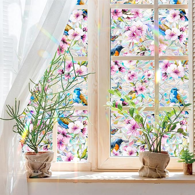 Niviy Bird Stained Glass Spring Summer Window Clings, Flowers Decor Bird Window Strike Prevention, Static Cling Stickers, Windows Tint for Home Bathroom (16.93 x 39.37inch)