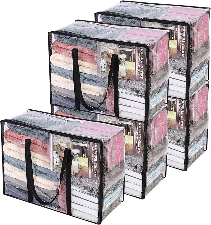 Vieshful 5 Pack Clear Comforter Storage Bag, 40L Clothes Storage Bag with Zipper Closet Organizer, Plastic Storage Containers
