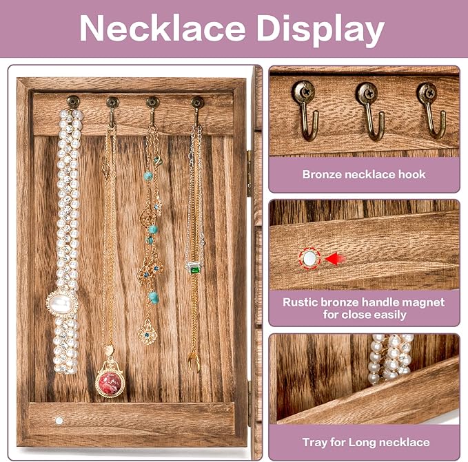 Meangood Jewelry Box Wood for Women, 5-Layer Large Organizer Box with Mirror & 4 Drawers for Rings, Earrings, Necklaces, Vint