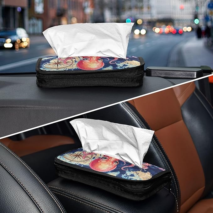 Car Tissue Holder Car Visor Organizer Tissue Box Holder for Car Sun Visor Organizer with Car Vehicle Accessories Essentials Interior for Women Men Blue Octopus Map Compass Coral