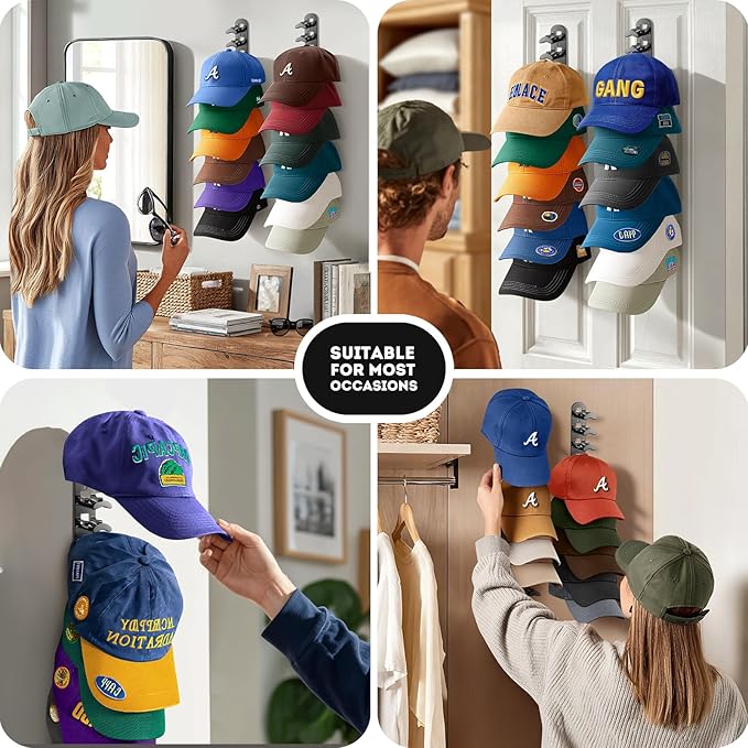 2 Pack Hat Organizer for Baseball Caps, Hat Rack for Wall Hold Up to 20 Hats, Hat Holder with Strong Adhesive and Screws, Hat