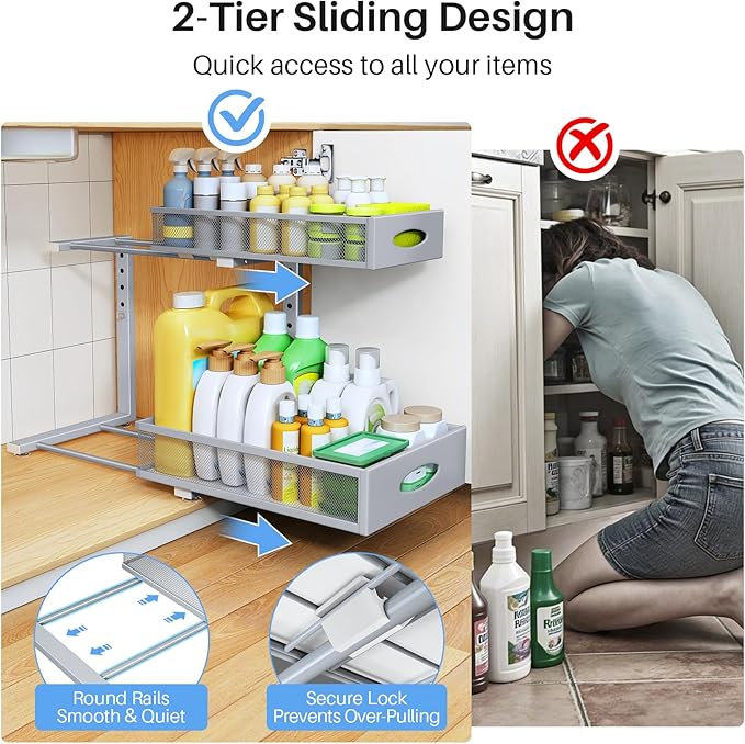 Under Sink Organizer, 2 Tier Pull Out Under Cabinet Organizer Shelf with Pad for Framed Cabinets, Metal Slide Out Under Sink 