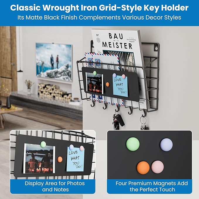 Easy Assembly and Installation Iron Key Holder Wall Mount, Mail Organizer for Wall, Matte Black Finish, Extra Large Storage S