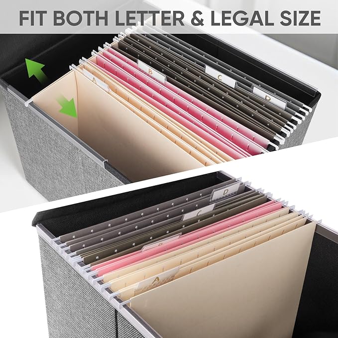 BALEINE File Organizer Box with Lid, Collapsible File Folder Organizer with Plastic Slide, Hanging File Folder Box for Office