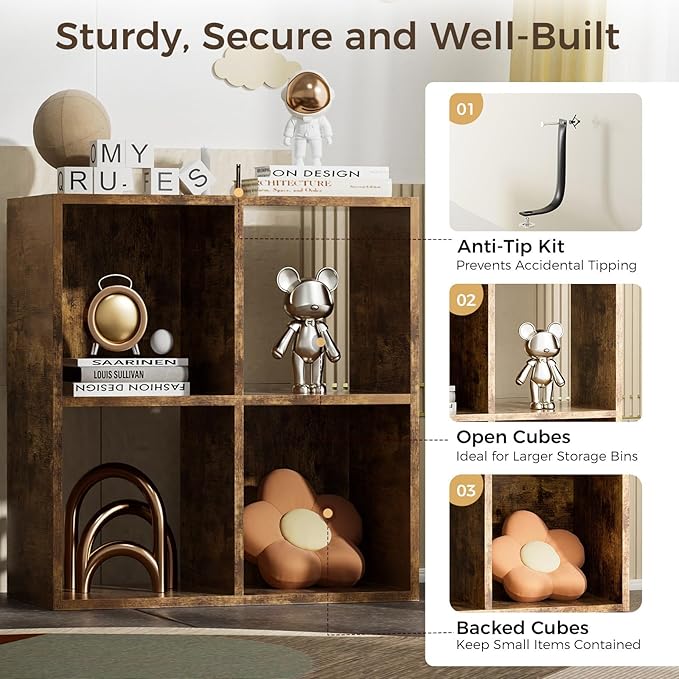 COMHOMA 4 Wood Cube Storage Organizer with Open Back and Removable Back Panels, 11In Brown Cube Storage Bookshelf, Cubicle Sh