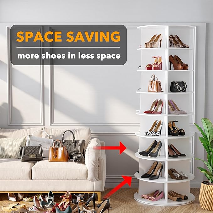 SpaceAid 8 Tier Rotating Shoe Rack Tower, Spinning Shoe Display Lazy Susan, Revolving 360 Shoe Rack Storage Round Carousel, V