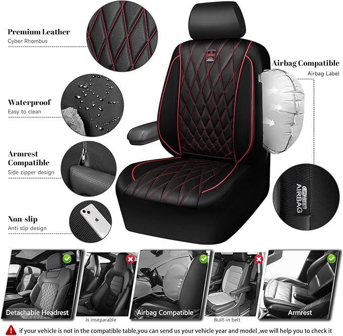CAR PASS Piping Luxury PU Leather Two Front Car Seat Covers, Waterproof Anti Slip Seat Covers Compatible with Front Seat Armr