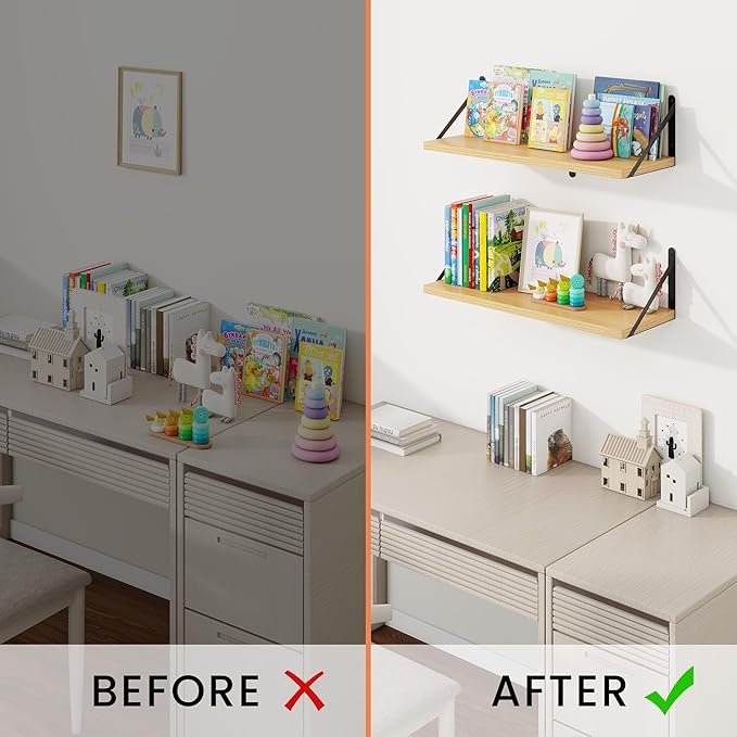 Book Shelf for Wall, Oak Shelf, Floating Shelves with Brackets, 24 inch Wall Shelves Set of 3, Particle Board Shelving for Ki