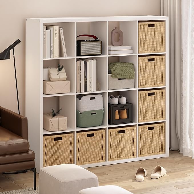 Furinno Cubicle Book Shelf, 16-Cube Bookshelf, Extra Thick Frame Reversible Bookcase with Open Back, 14.6" x 58" x 58", for L