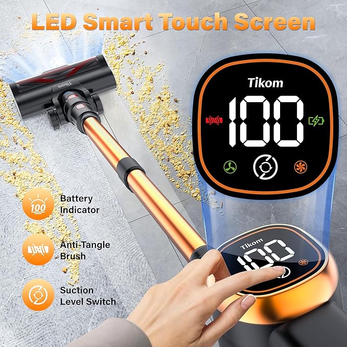 Tikom V500 Cordless Vacuum Cleaner for Home, 40000Pa/450W Stick Vacuum with LED Touch Screen, Charging Wall Dock, Anti-Tangle
