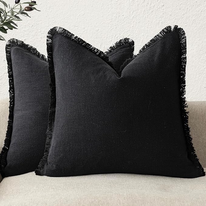 Foindtower Set of 2 Decorative Linen Fringe Throw Pillow Covers Cozy Farmhouse Boho Cushion Cover with Tassels Soft Accent Pi