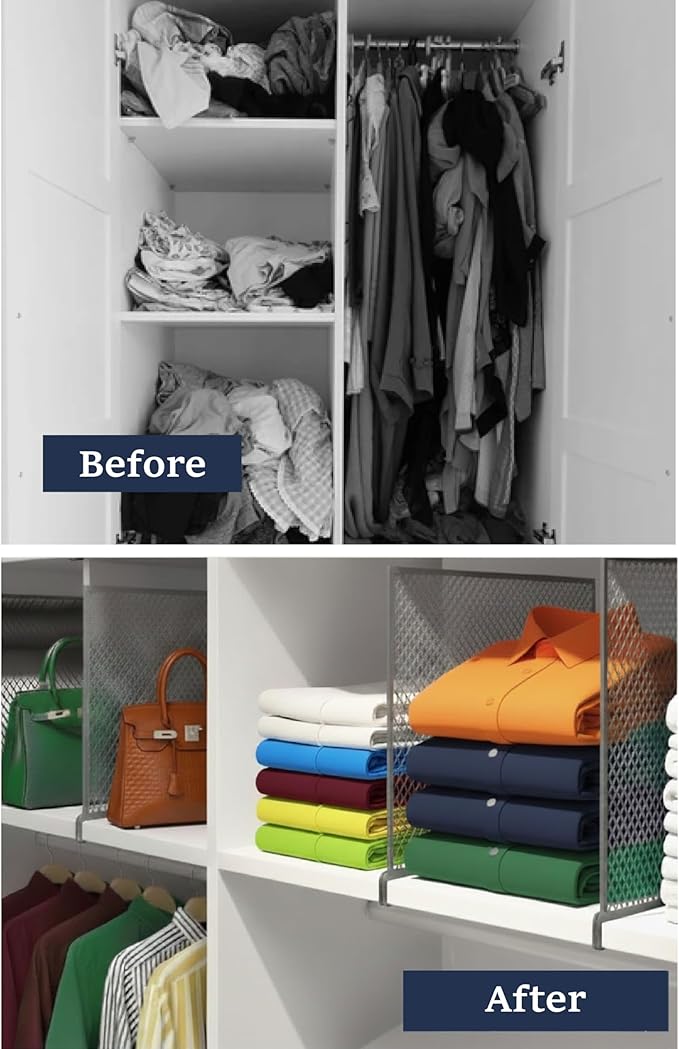 Nexu 6-Pack Metal Mesh Shelf Dividers for Closet Organization, Ultra-Stable Under-Shelf Hook Design, Matte Non-Slip Heavy Dut