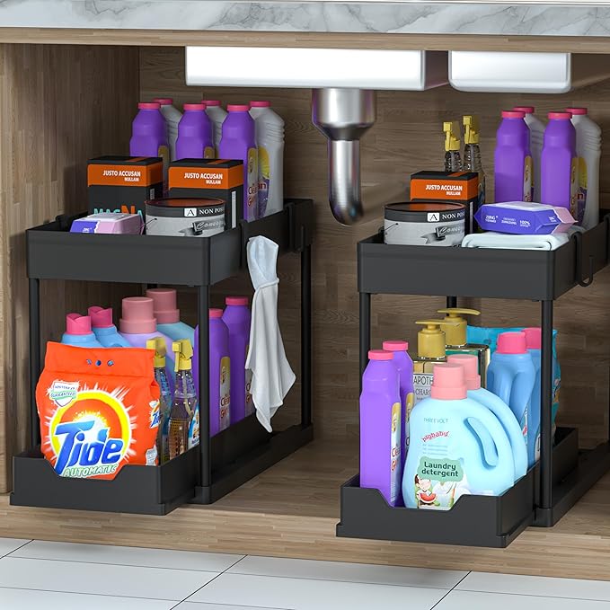 DEKAVA Under Sink Organizer 2 Pack, Bathroom Cabinet Organizer, 2 Tier Sliding Cabinet Basket Organizer Drawer, Multi-Purpose