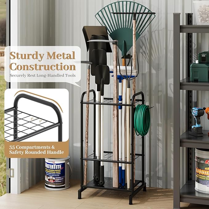 Garden Tool Organizer, Garage Tool Storage Rack, Heavy Duty Metal with Side Pegboard & Adjustable Hooks, Utility Racks for Sh
