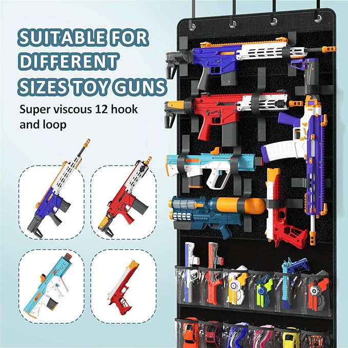 Over Door Toy Gun Storage, Hanging Organizer for Toy Guns, Hanging Toys Organizer with Pockets, Hook&Loop Straps for Foam Bla